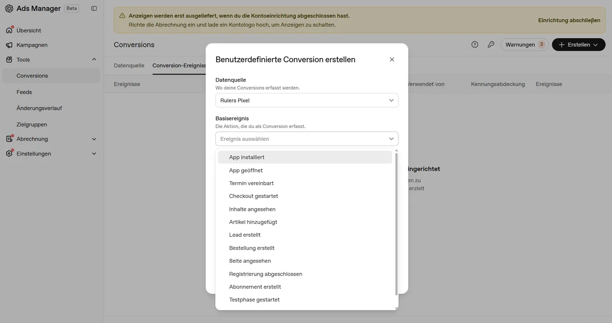 Dialog 'Create custom conversion' in the OpenAI Ads Manager Beta (German UI) with the base event dropdown open: app installed, app opened, appointment scheduled, checkout started, contents viewed, items added, lead created, order created, page viewed, registration completed, subscription created, trial started